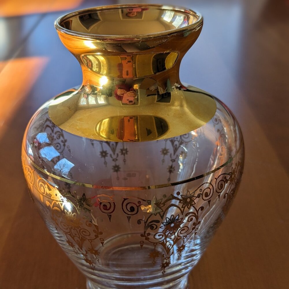 Vintage Ferro & Lazzarini Antique Bohemian Glass Vase Gold Trim 5" Tall